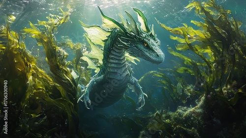 Sea dragon drifting among brightly lit seaweed in shallow coastal waters, its leafy appendages blending with sunlit kelp fronds 