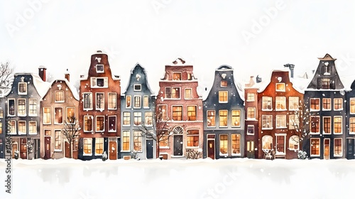 Watercolor Dutch Canal Houses – Realistic Amsterdam Holland Architecture Street Facades with Bicycles, Flowers and Snow