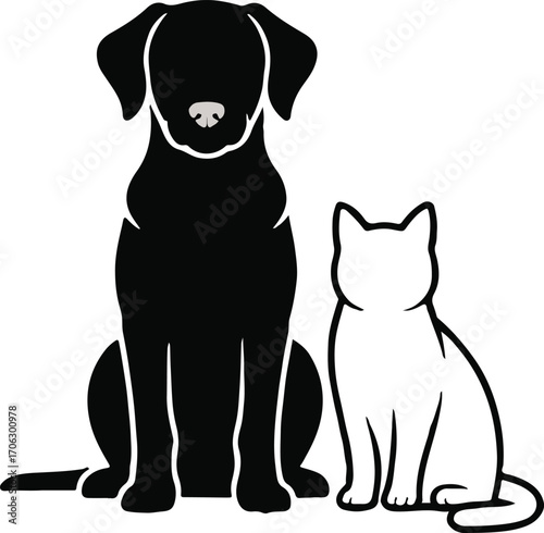 minimalist pet vector art featuring black dog and white cat sitting side by side animal duo for logo and clipart