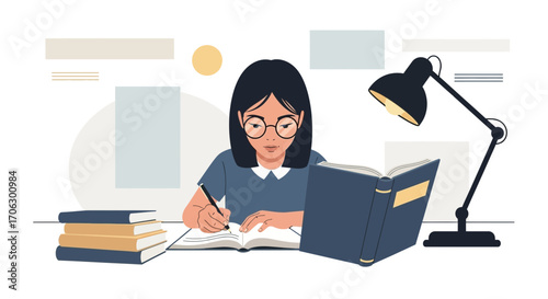 Student Studying Under Desk Lamp, Focused on Writing with Books for Education or Learning