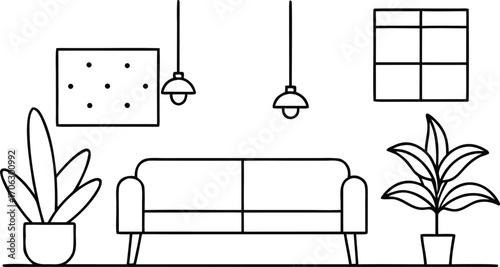 Line art illustration of a living room with a sofa, plants, and hanging lamps, isolated on white background