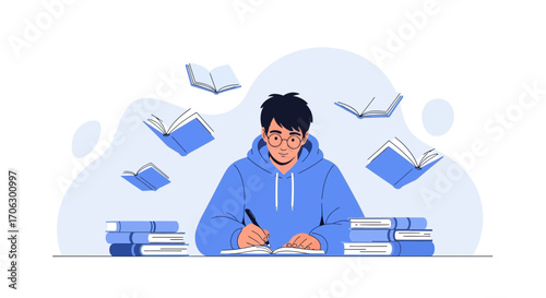 Student Studying While Writing With Books Around, Achieving Knowledge, Education And Learning