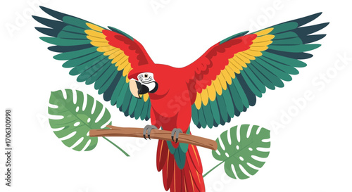 Vibrant Macaw Perched on Branch with Open Wings Depicted In Tropical Style
