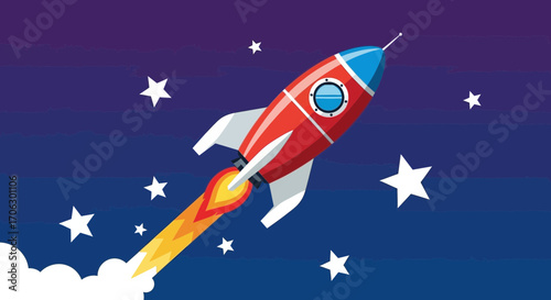 Vibrant Rocket Ascends Through Stellar Cosmos with Energetic Flame and Celestial Stars