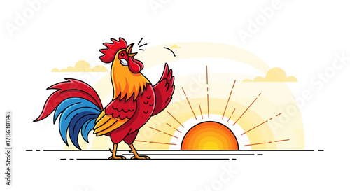Vibrant Rooster Crows at Sunrise Against a Simple Backdrop Revealing a Morning Alarm