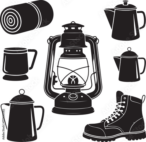 Camping Essentials A Silhouette Illustration of Outdoor Adventure Gear for Wilderness Exploration and Nature Lovers