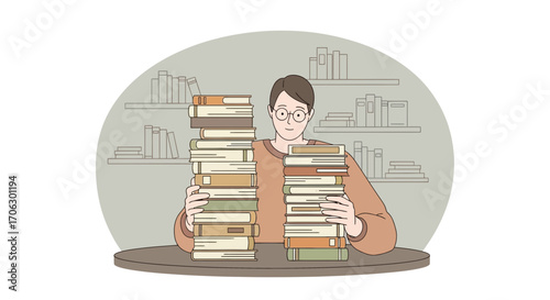 Student With Eyeglasses Holding Piles Of Books At A Table And In Bookshelves