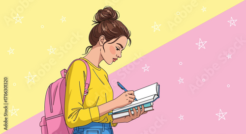 Student Writing in a Notebook with a Backpack on a Colorful Background