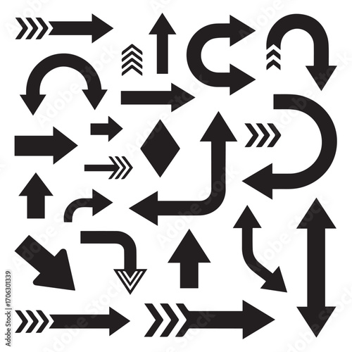 set of simple outline arrow symbols vector pack with varied directional shapes for graphic navigation and interfaces