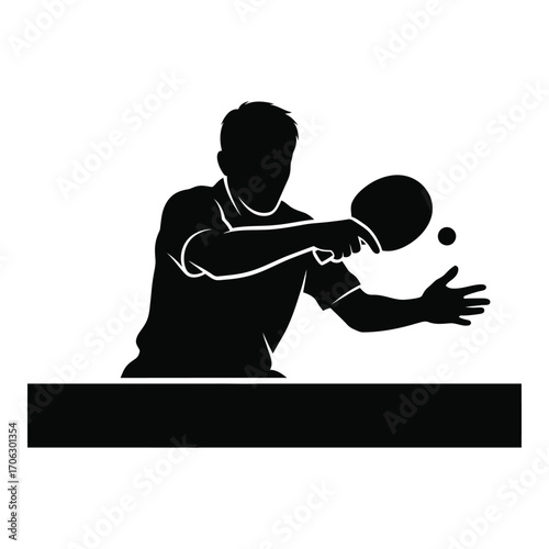 Dynamic silhouette of a table tennis player in action with paddle and ball silhouette