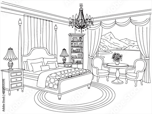 Elegant bedroom interior with bed chairs chandelier table and window view of mountains black and white line drawing coloring page illustration for children and adults home decor and furniture design