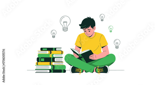 Studious Youth Reading and Gathering Knowledge with Idea Generation Symbols Above