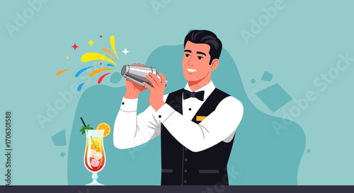 Stylish Bartender Shaking Cocktail with Flair for Party and Celebration Events