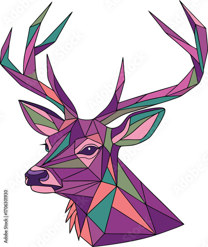 Vector art of geometric deer head illustration with colorful polygons