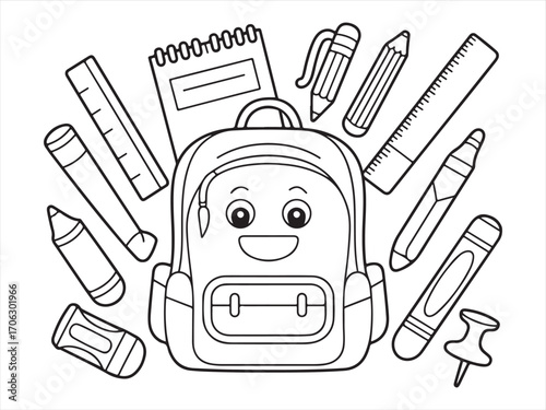 School supplies illustration with backpack, ruler, pens, and eraser coloring art