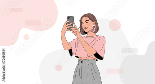 Stylish Woman Capturing A Moment, Using Smartphone, Illustrated Amidst Contemporary Design