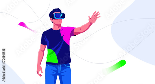 Virtual Reality Tech Enthusiast Interacting With Futuristic Digital World Illustration