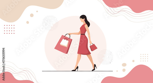 Stylish Woman Enjoys Retail Therapy with Shopping Bags in Modern Fashion Illustration