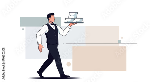 Waiter Carrying a Tray of Bowls in a Stylized Illustration on White Background