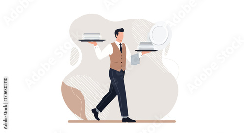 Waiter Carrying Dishes in Restaurant, Vector Illustration of Professional Service and Cuisine