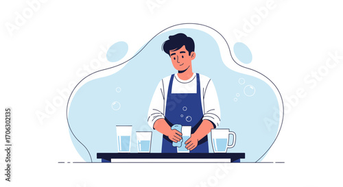Waiter Expertly Polishing Glassware, Depicting Professional Cleanliness and Service Perfectly