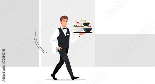 Waiter Carrying Dishes, Delivering Food, Sophisticated Service, Restaurant Concept, Dining
