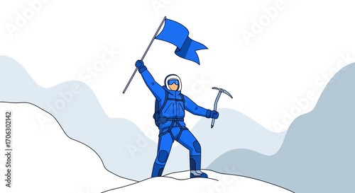 Success Achieved: Mountaineer Celebrates Victory After Reaching Peak With Flag High