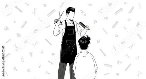 Stylized Illustration Of A Barber Cutting Hair of a Customer With Associated Paraphernalia