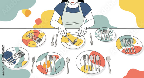 Stylized Table Setting Illustration Featuring Person Arranging Place Settings for Dining