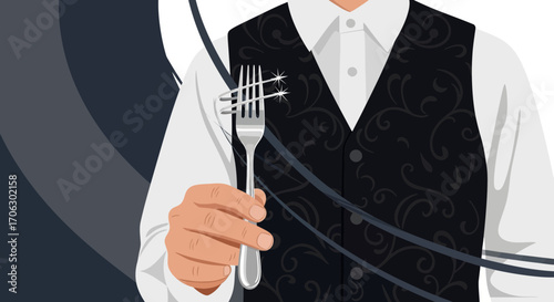 Waiter Holding A Glamorous Fork, Culinary Concept, Restaurant Dinner Illustration