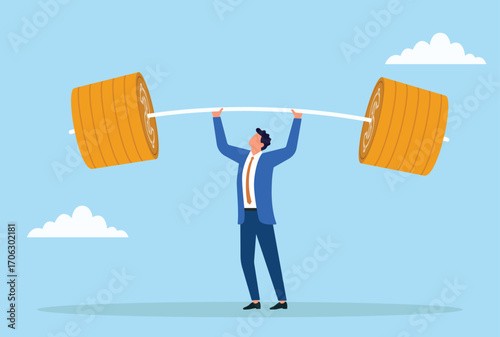 Vector illustration of a businessman lifting a heavy barbell made of gold coins with both hands, symbolizing the effort and strength required to achieve financial success
