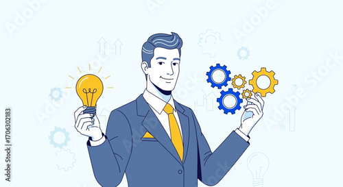 Successful Business Strategist Holding A Lightbulb And The Gears Of Innovation