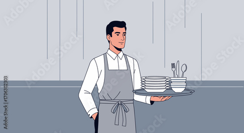 Waiter Serving Dishes With Cutlery in Restaurant Environment Conceptual Illustration