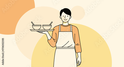 Waiter Smiling And Serving Two Dishes On A Tray Restaurant Concept Illustration
