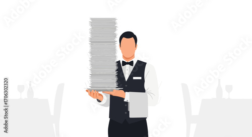 Waitstaff Carries Tower Of Dishes With Restaurant Dining Table Silhouettes