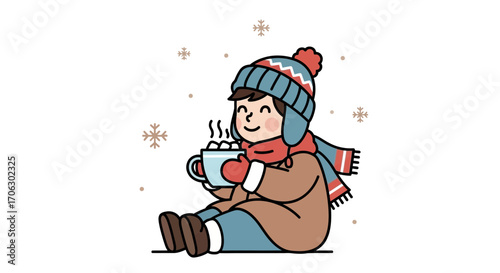 Warm Drink And Snowy Scene: A Child Enjoying Winter Cocoa Comforting Vibe