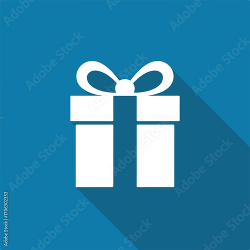 white gift box icon with ribbon and long shadow flat design for ecommerce app notification celebration sale promotion