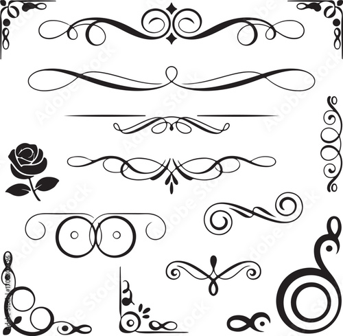 hand drawn black ornamental flourishes and swirls vector pack for elegant stationery logo monogram design assets