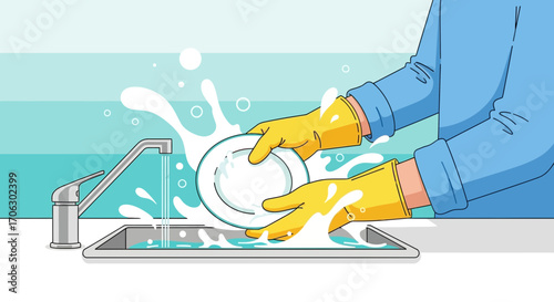 Washing Dishes While Wearing Gloves in a Bright and Clean Kitchen Setting
