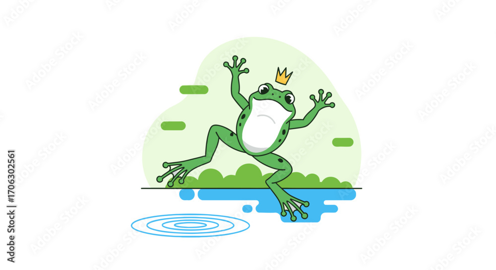 Obraz premium Whimsical Frog Prince's Leap: A Charming Illustration for Storytelling and Design Projects