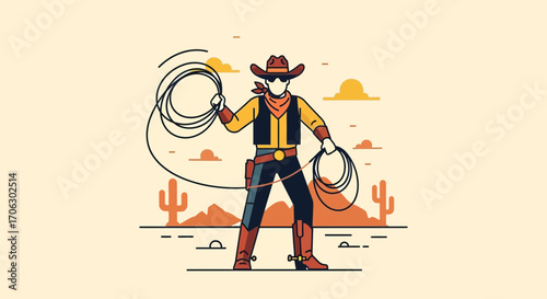 Western Cowboy Lassoing, Flat Design Illustration, American West Concept, Silhouette Style