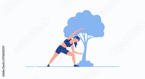 Wellness Routine: A Woman Stretching Outdoors Next To A Contemplative Tree Shape