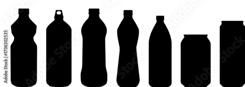 Collection of black silhouette icons of bottles and cans. Includes plastic bottles, soda cans, and beverage containers. Vector illustration isolated on a white background.