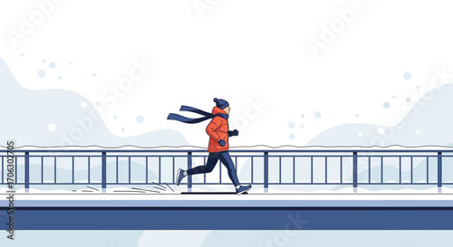 Winter Jogger Running On The Pier Amidst A Snowy Landscape Illustration