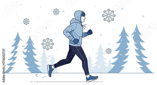 Winter Runner Energetically Exercising Amidst Snowfall In The Snowy Forest Landscape