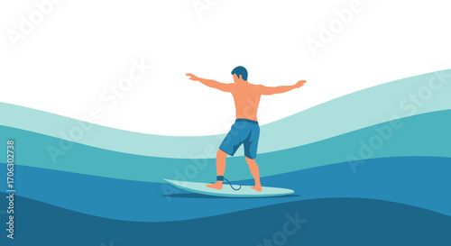 Surfer Gliding Across the Waves, Balancing on a Surfboard in a Colorful Ocean