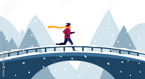 Winter Runner Crosses Snowy Bridge With Mountains and Snowing Backgrounds