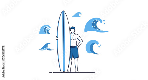 Surfer Holding Surfboard And Surrounded By Waves On A Clean White Background Illustration