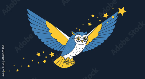 Wise Owl Soaring Through The Starlit Sky with Outstretched Wings and Celestial Trail