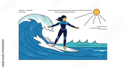 Surfer Riding a Powerful Ocean Wave Under a Sunny Sky in a Graphic Illustration